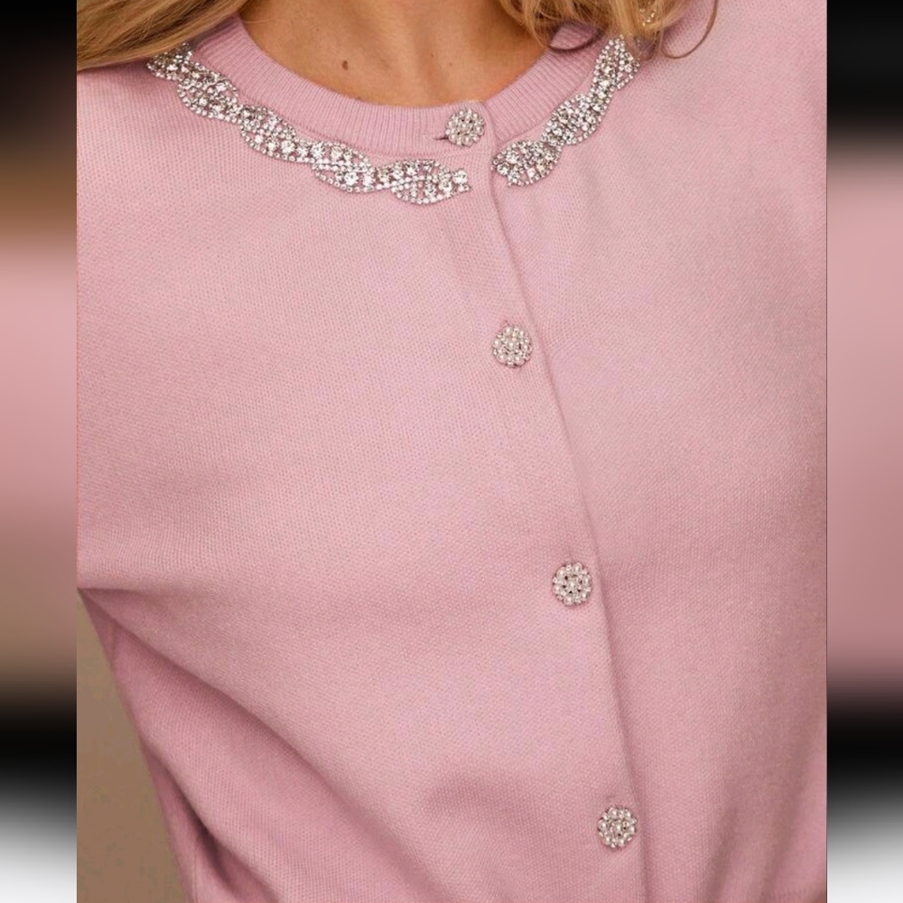 Fall/Winter Romantic Women's Elegant Pink Rhinestone Decorated Long Sleeve - Picture 2 of 5